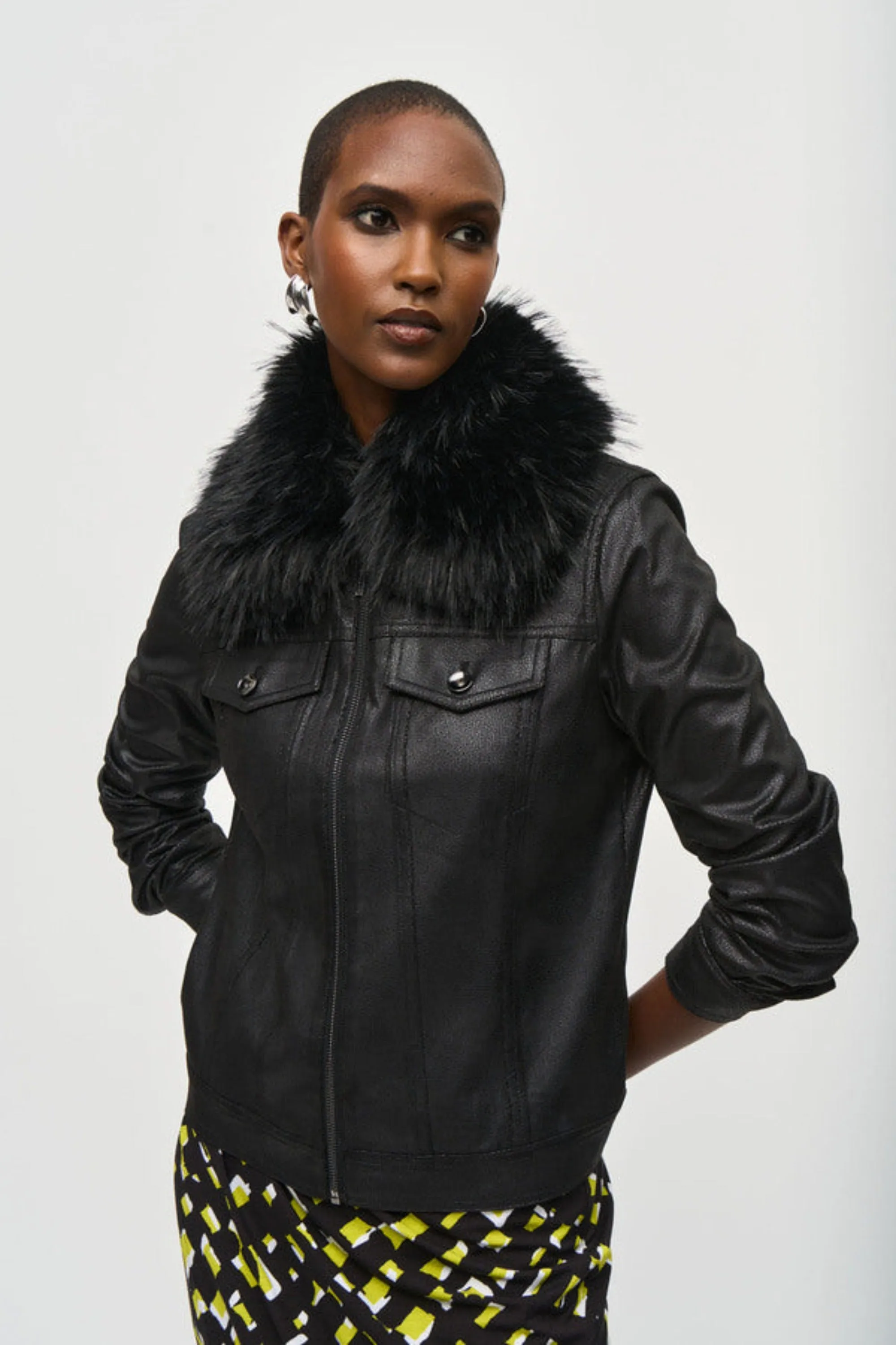 PLEATHER ZIP JACKET WITH FUR COLLAR