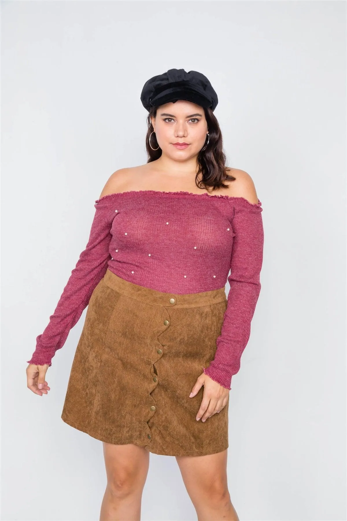 Plus Size Wine & Pearl Ribbed Off-The-Shoulder Top