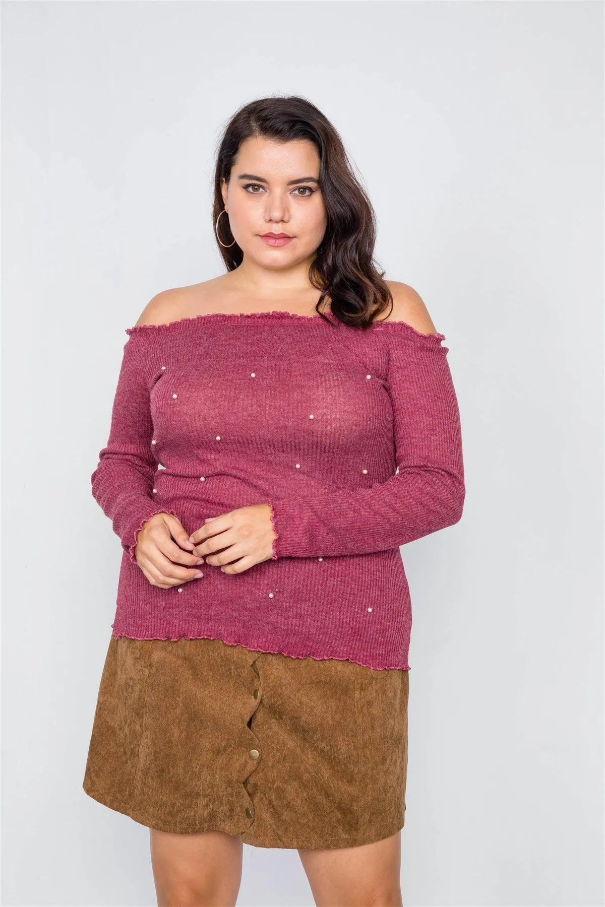 Plus Size Wine & Pearl Ribbed Off-The-Shoulder Top