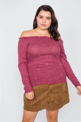 Plus Size Wine & Pearl Ribbed Off-The-Shoulder Top