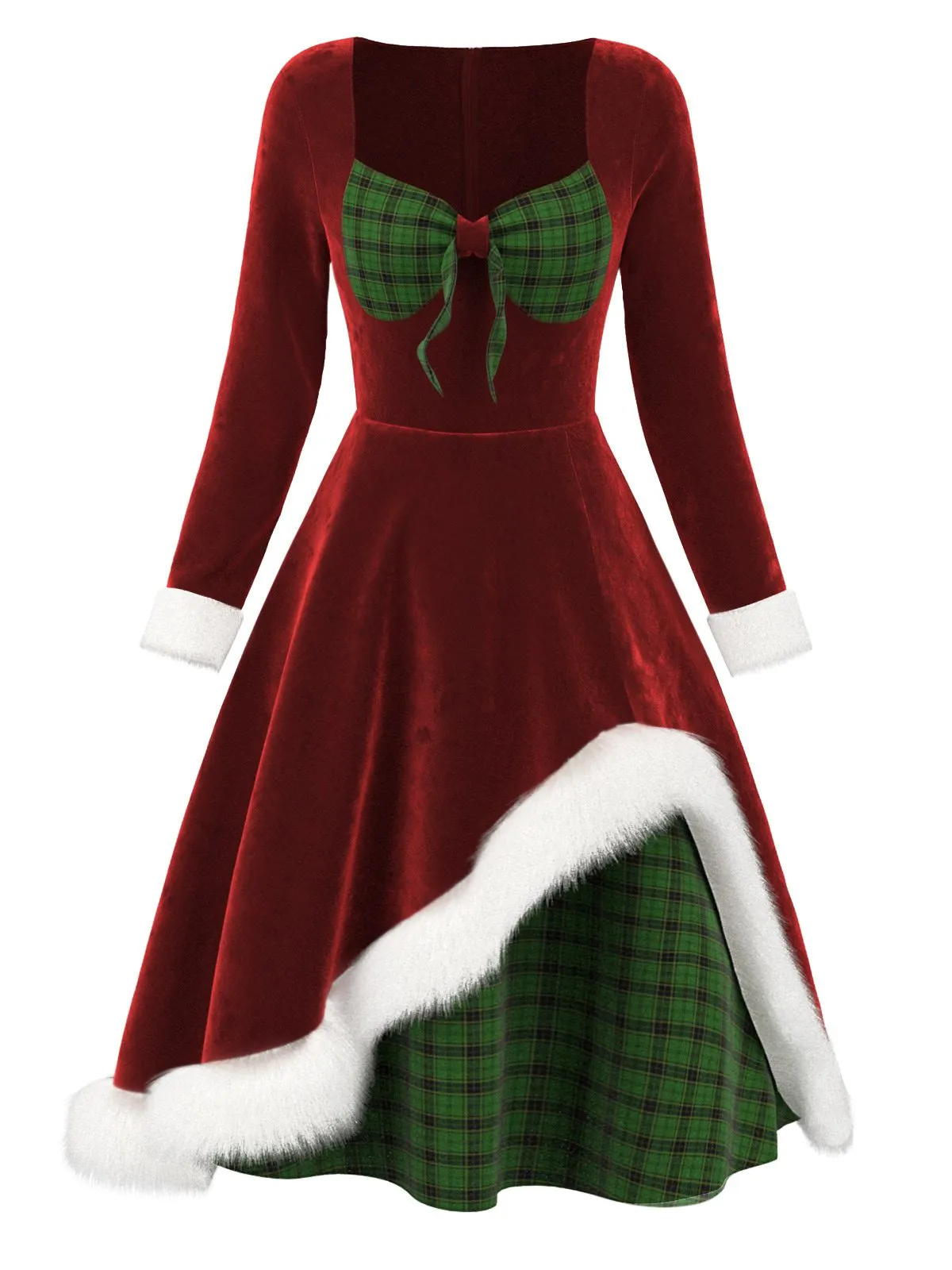 Red 1950s Velvet Plush & Plaid Patchwork Dress