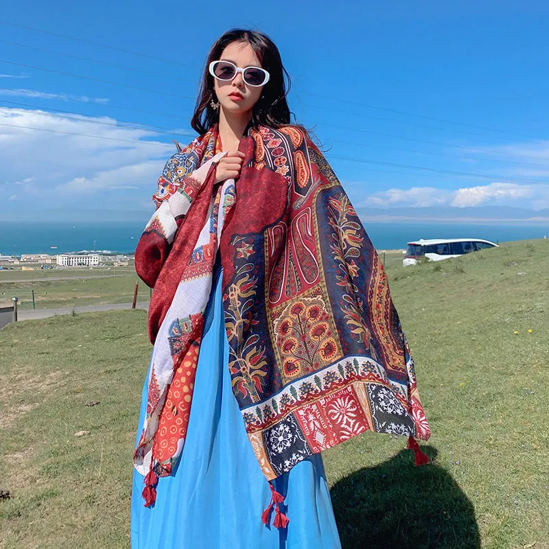 Retro Ethnic Style Scarf Grassland Sunscreen Shawl Women's Summer Thin Scarf Beach Scarf