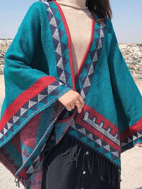 Retro Style Vintage Pattern Bohemian Tassel Shawl Cape