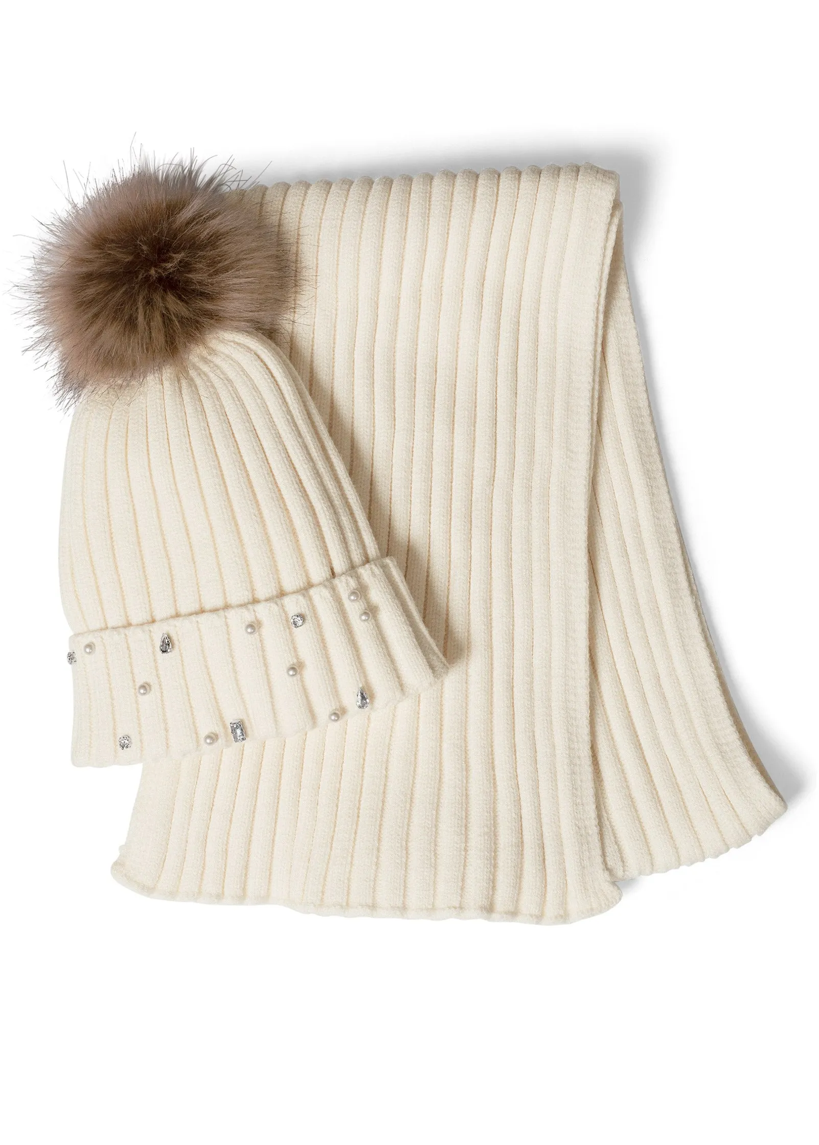 Ribbed Beanie And Scarf Set - Nude