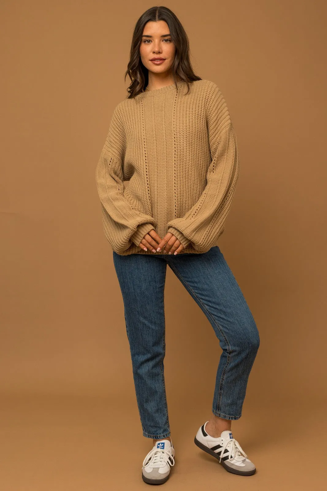 Round Neck Balloon Sleeve Braid Knit Sweater