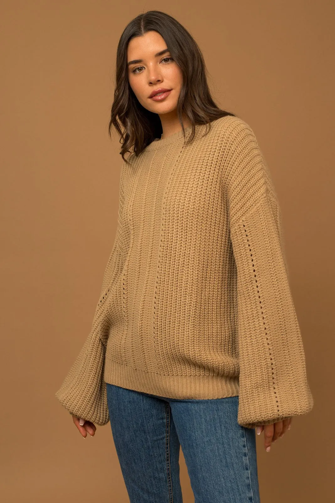 Round Neck Balloon Sleeve Braid Knit Sweater