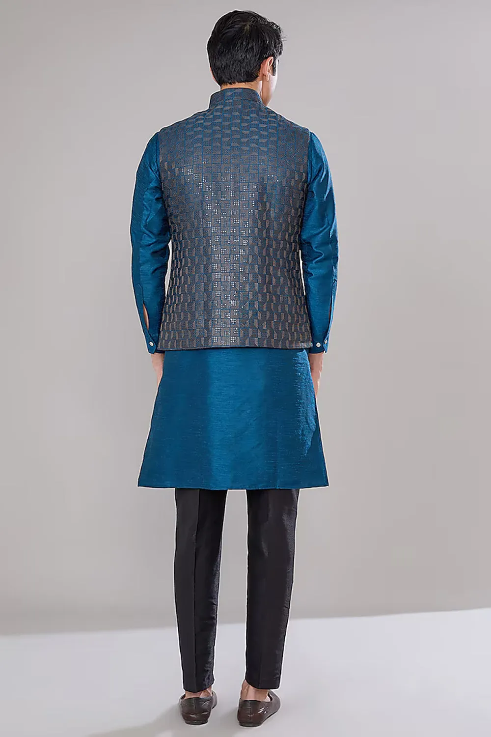 Royal Blue Embroidered Kurta & Jacket Set