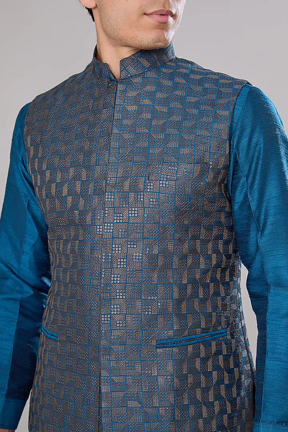 Royal Blue Embroidered Kurta & Jacket Set