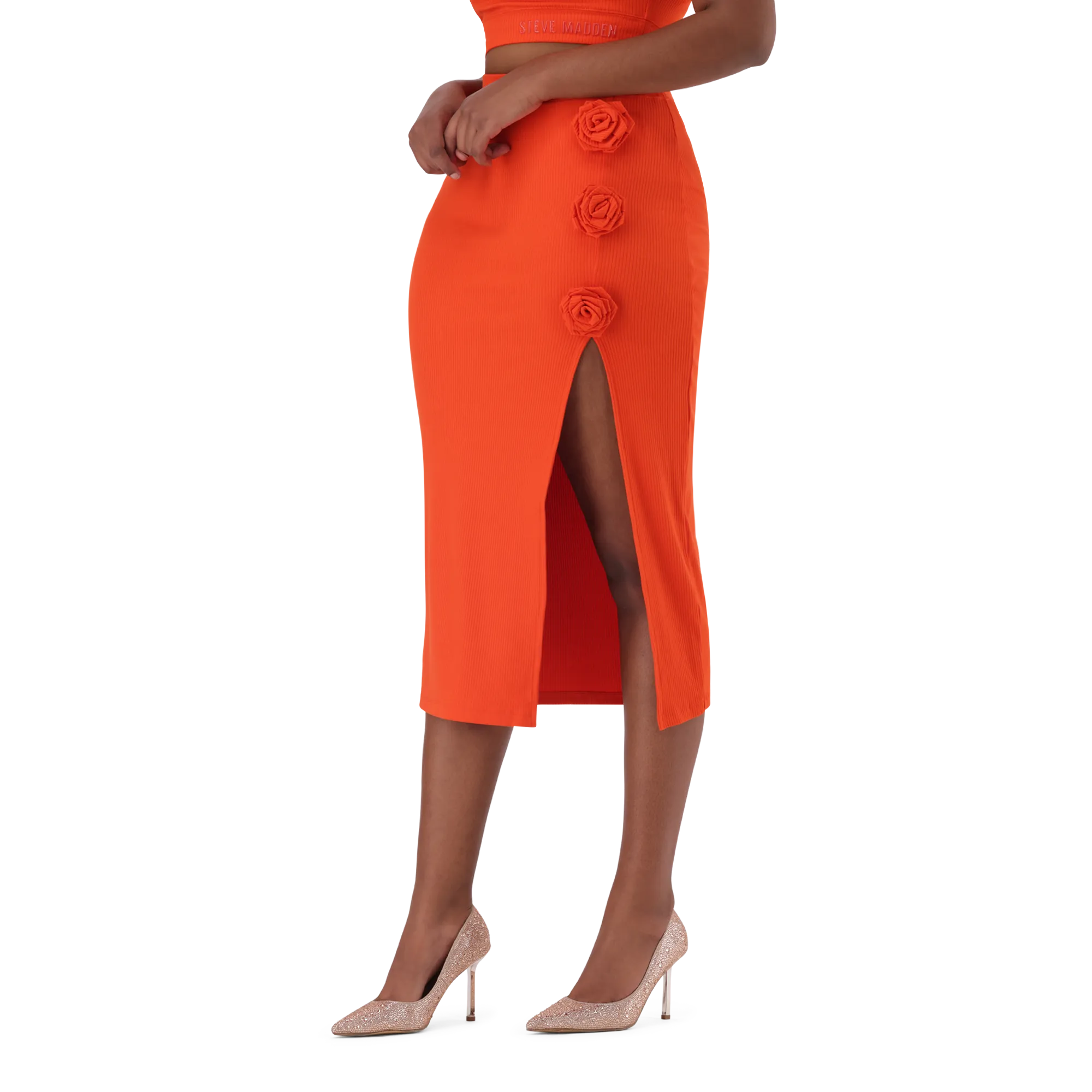 SADIE TANGERINE BODYCON SKIRT WITH ROSE