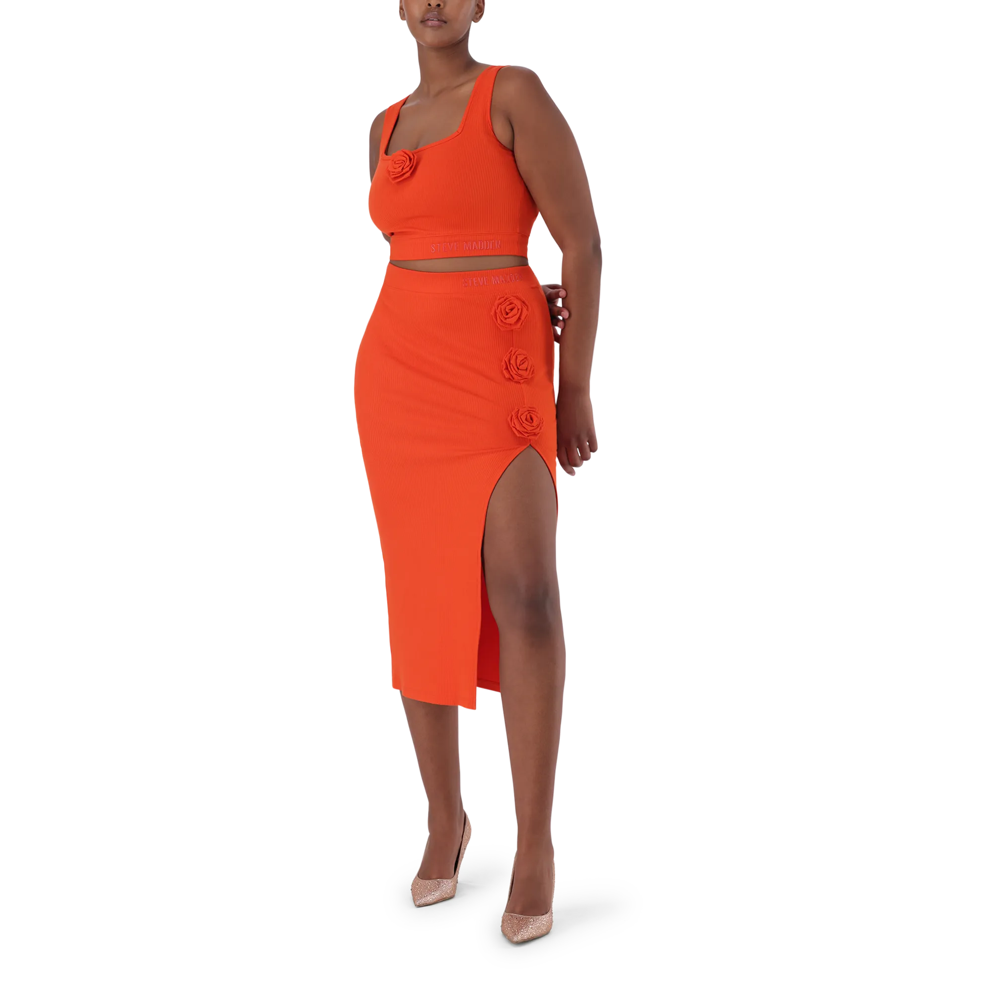 SADIE TANGERINE BODYCON SKIRT WITH ROSE