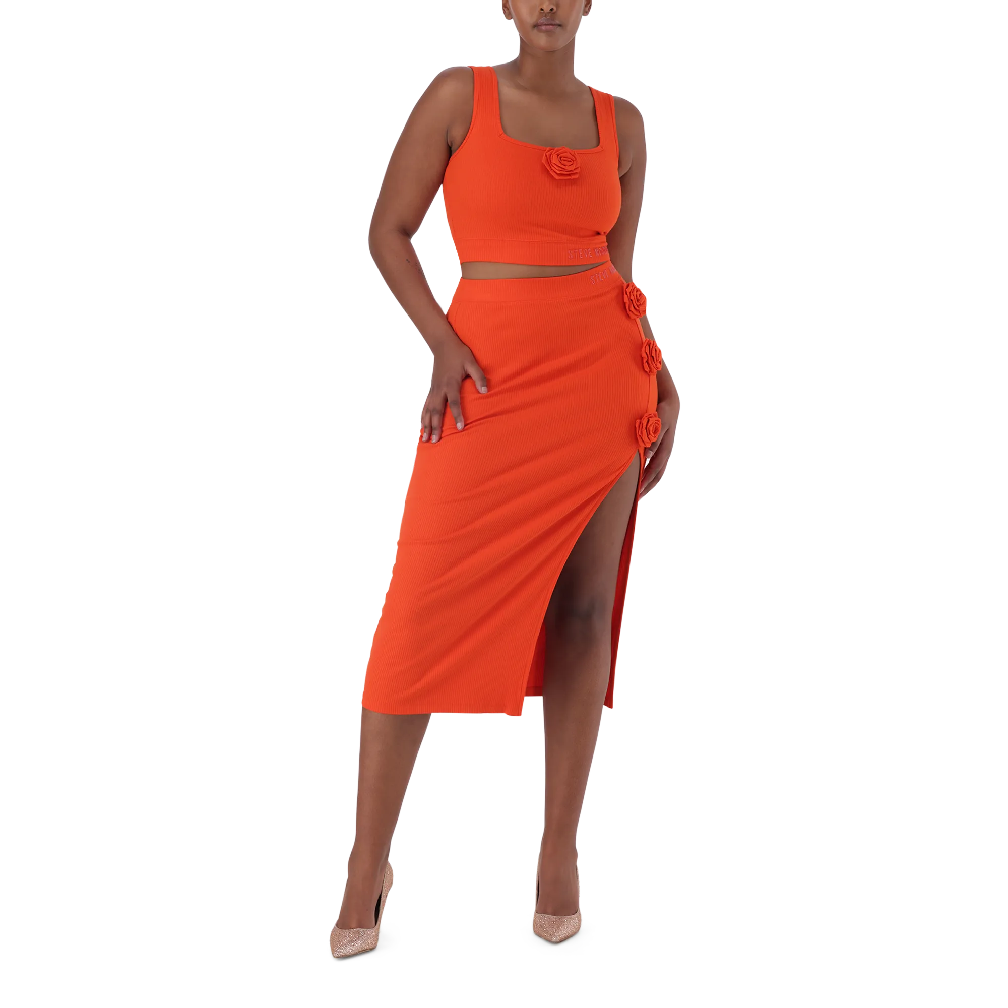 SADIE TANGERINE BODYCON SKIRT WITH ROSE