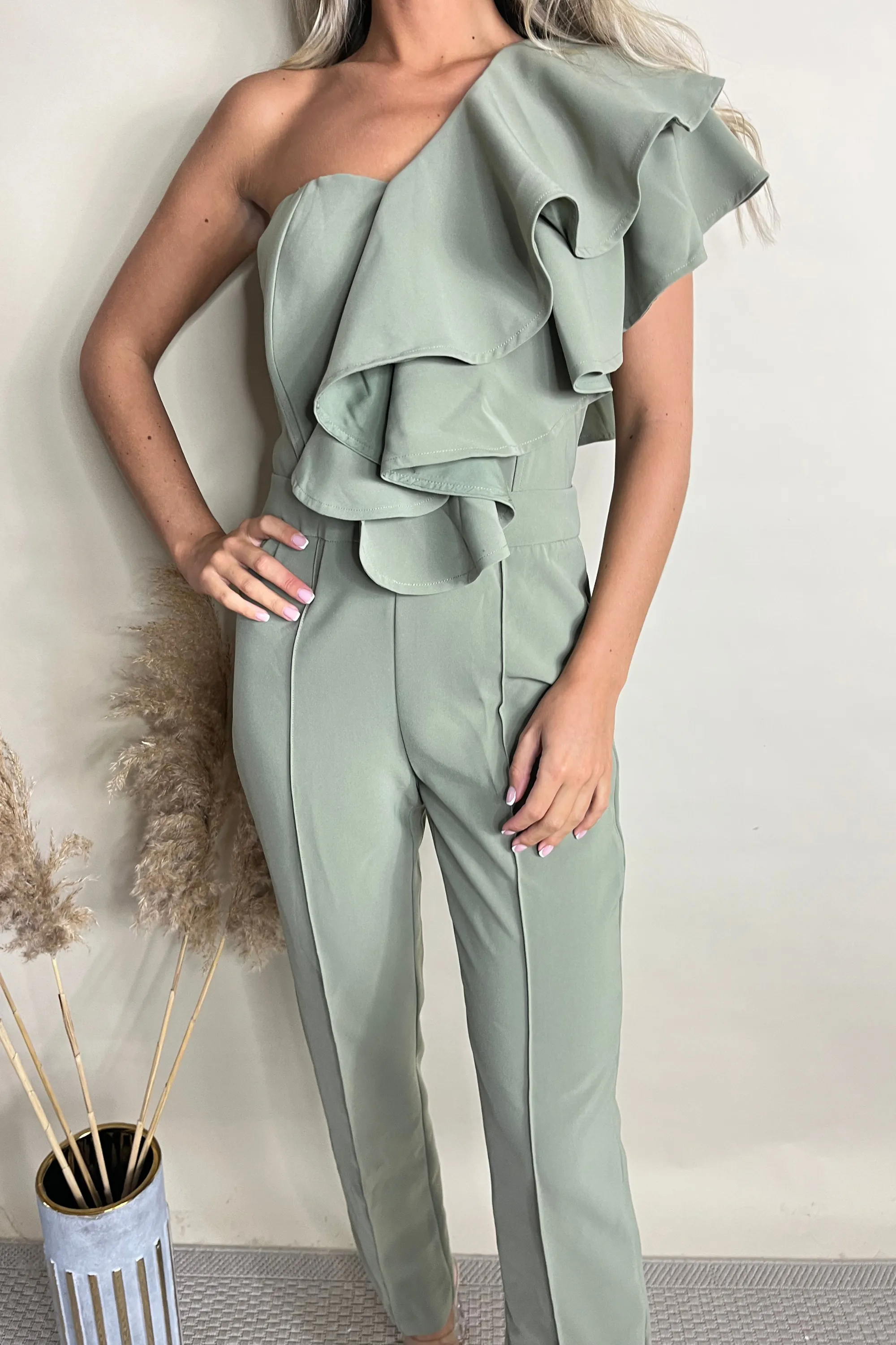 Sage Green One Shoulder Ruffle Jumpsuit