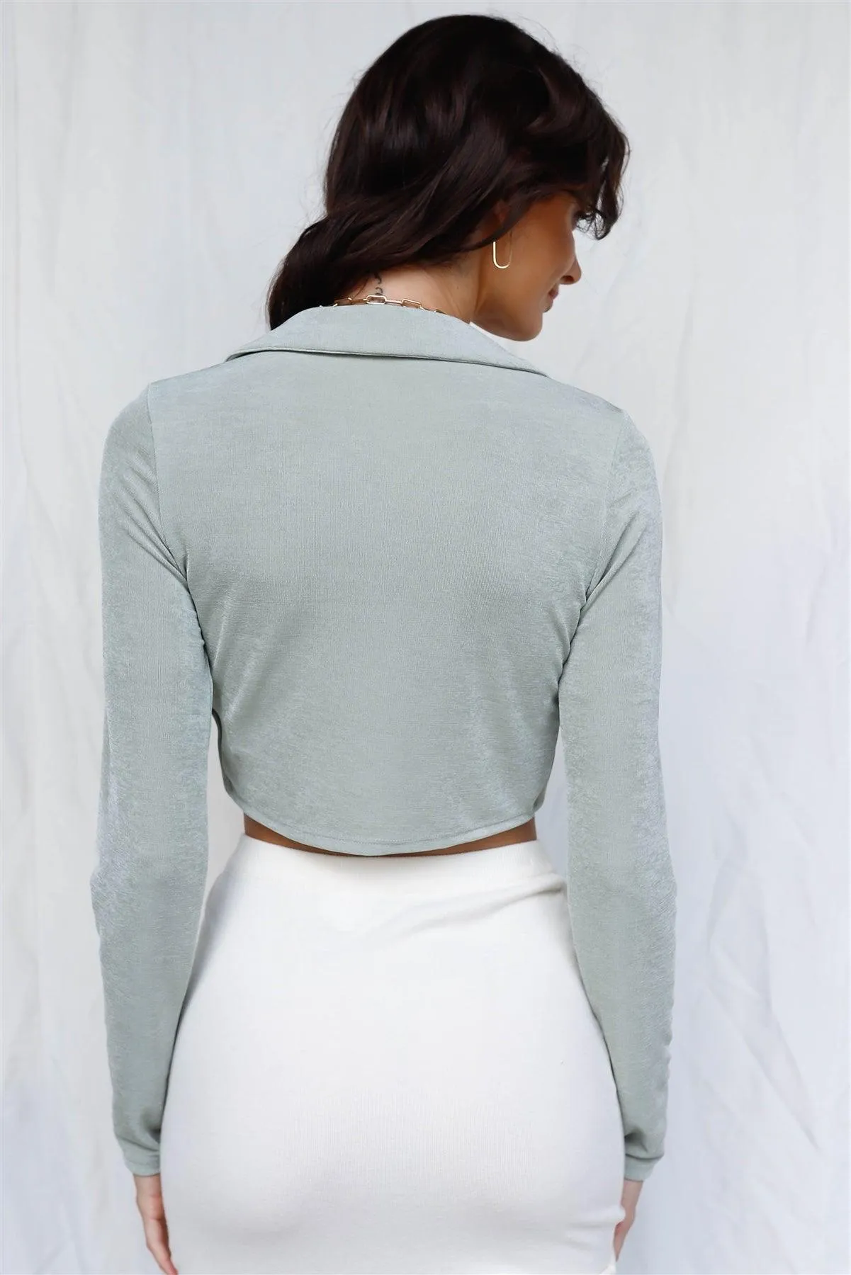 Sage Tie Detail Long Sleeve Crop Collared Top