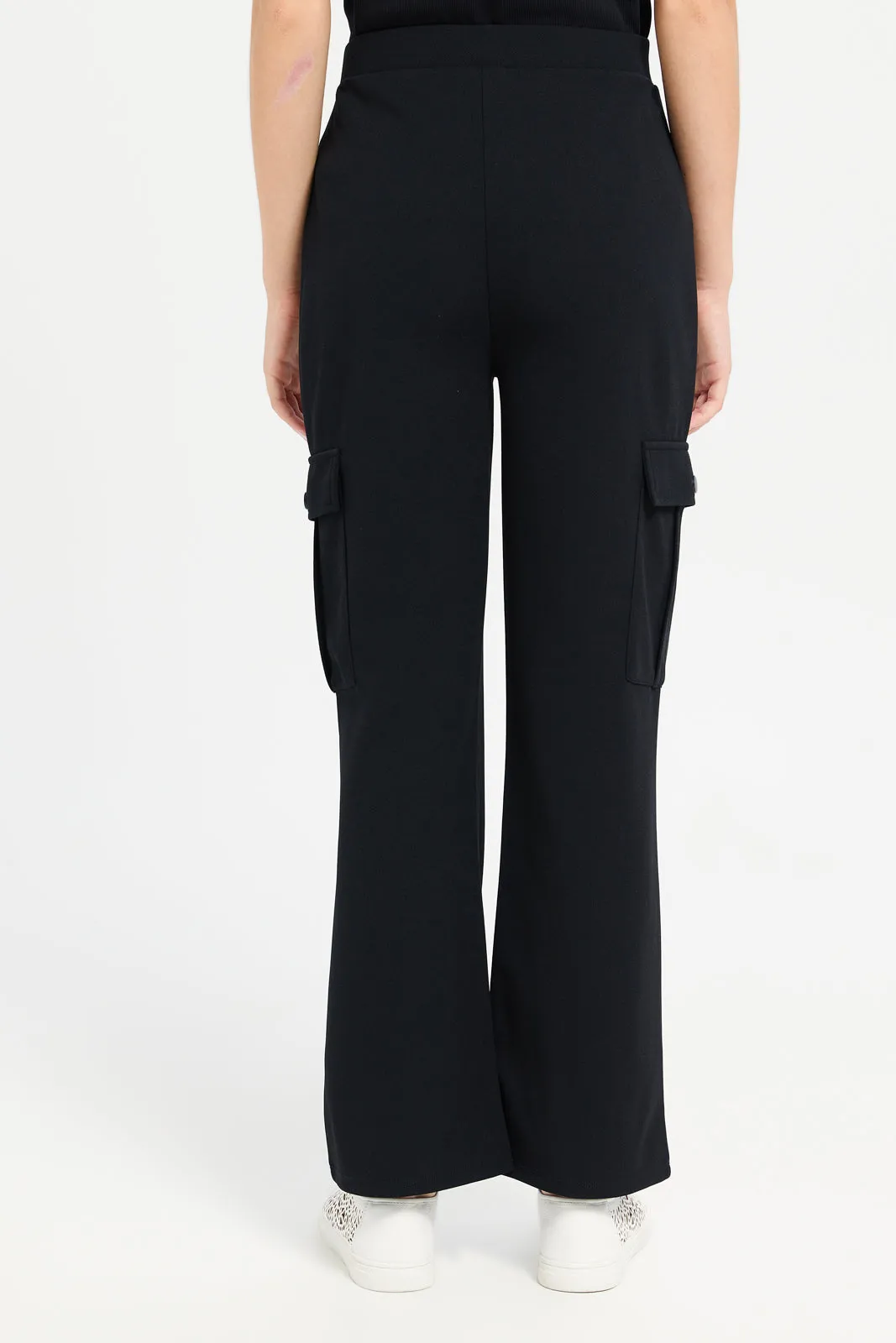 Senior Girls Black Cargo Pocket Flared Hem Twill Pants