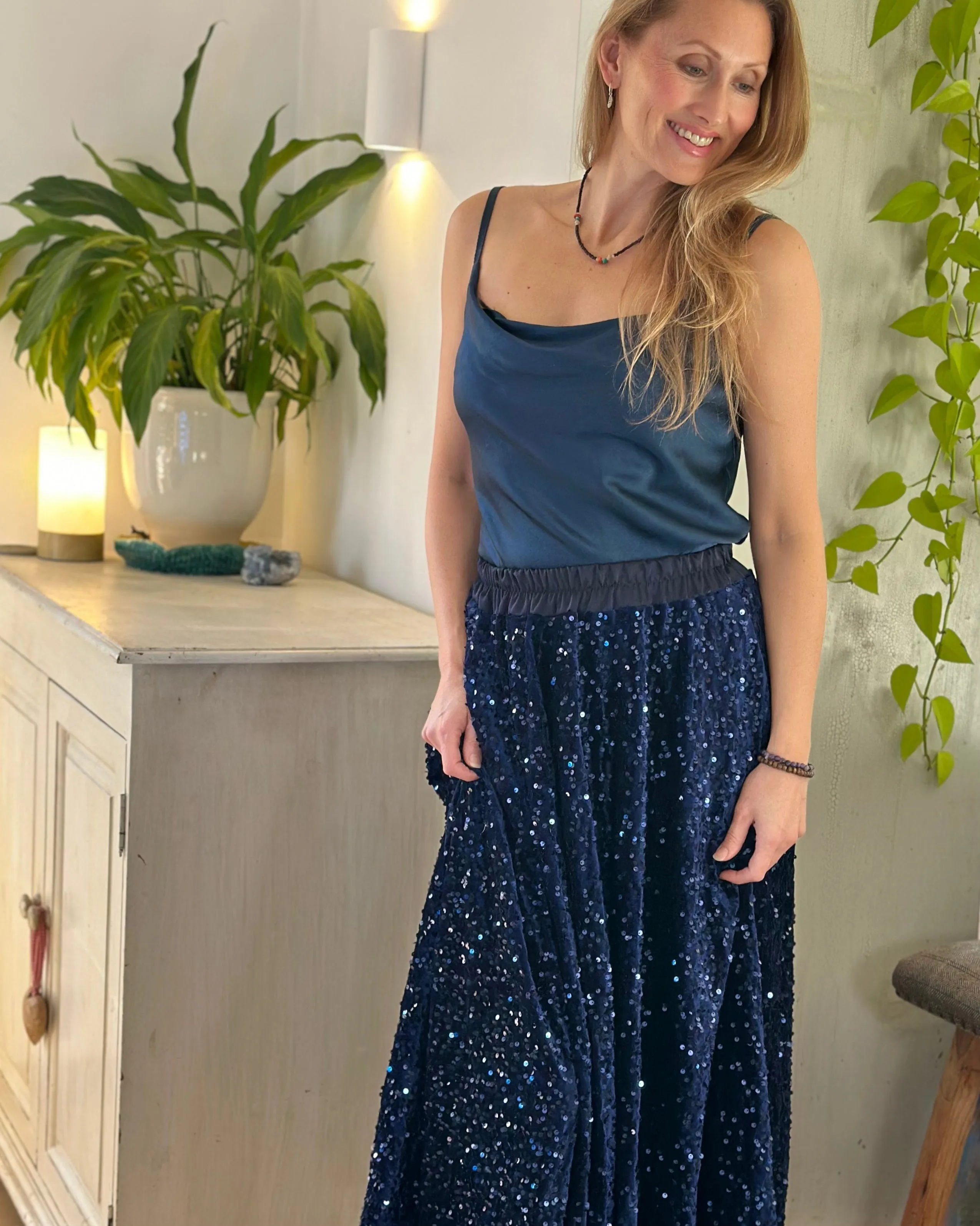 Sequin & Velvet Skirt - Navy