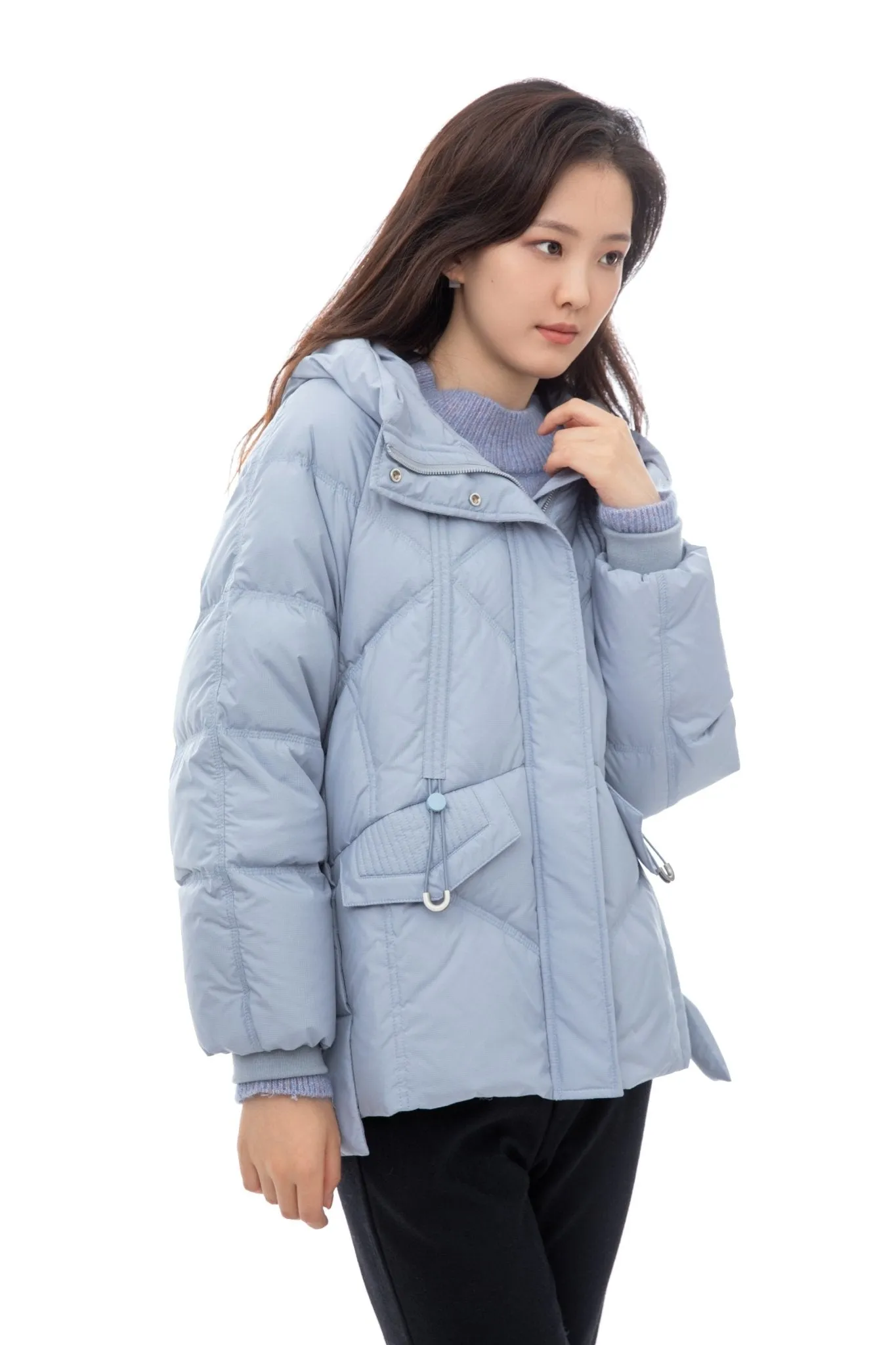 Shadow Blue Hooded Short Goose Down Jacket