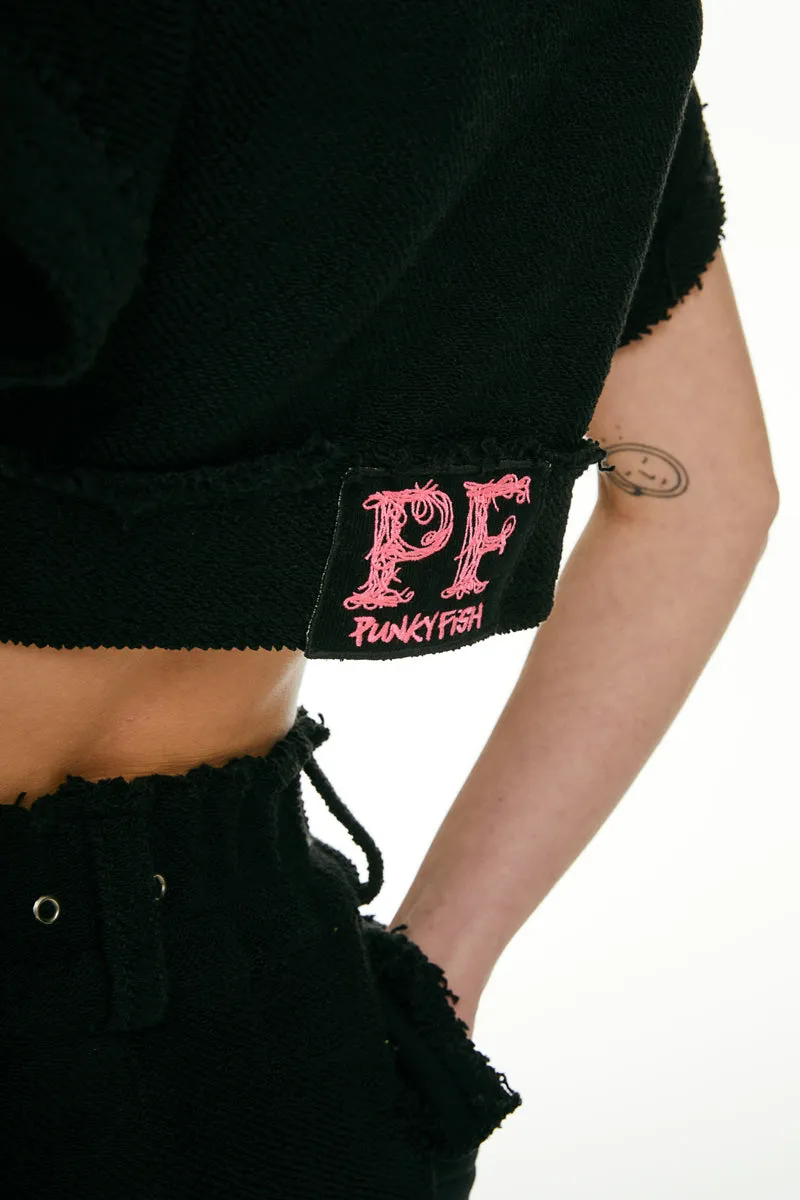 Short Sleeve Cropped Sweatshirt and Joggers With Logo Black