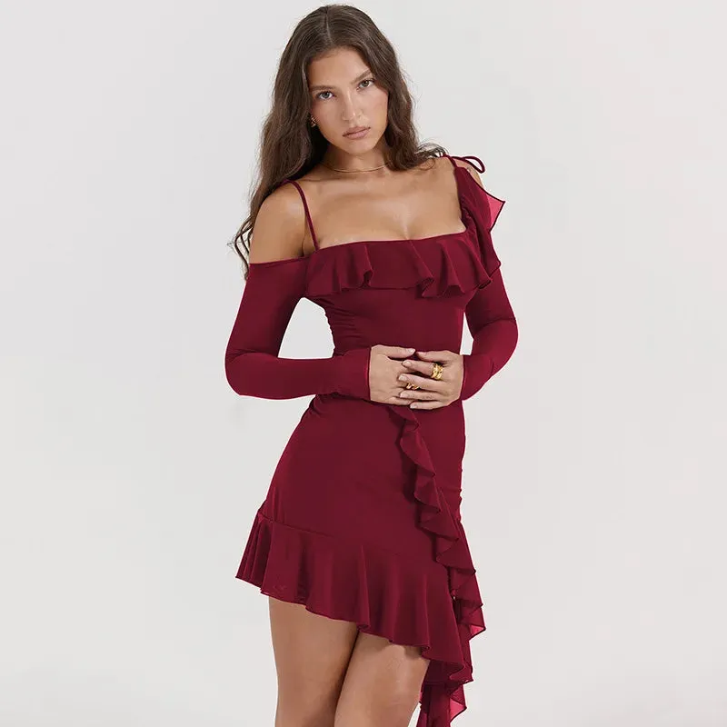 Short Strap Sexy 2024 Mesh Slash Mini Neck Autumn Ruffle Bodycon Women Sexy Long Sleeve Spaghetti Dress Dress