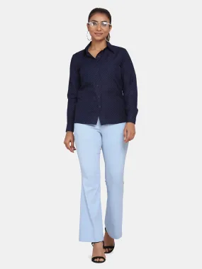 Sky Blue Bell Bottom Stretch Trousers For Women