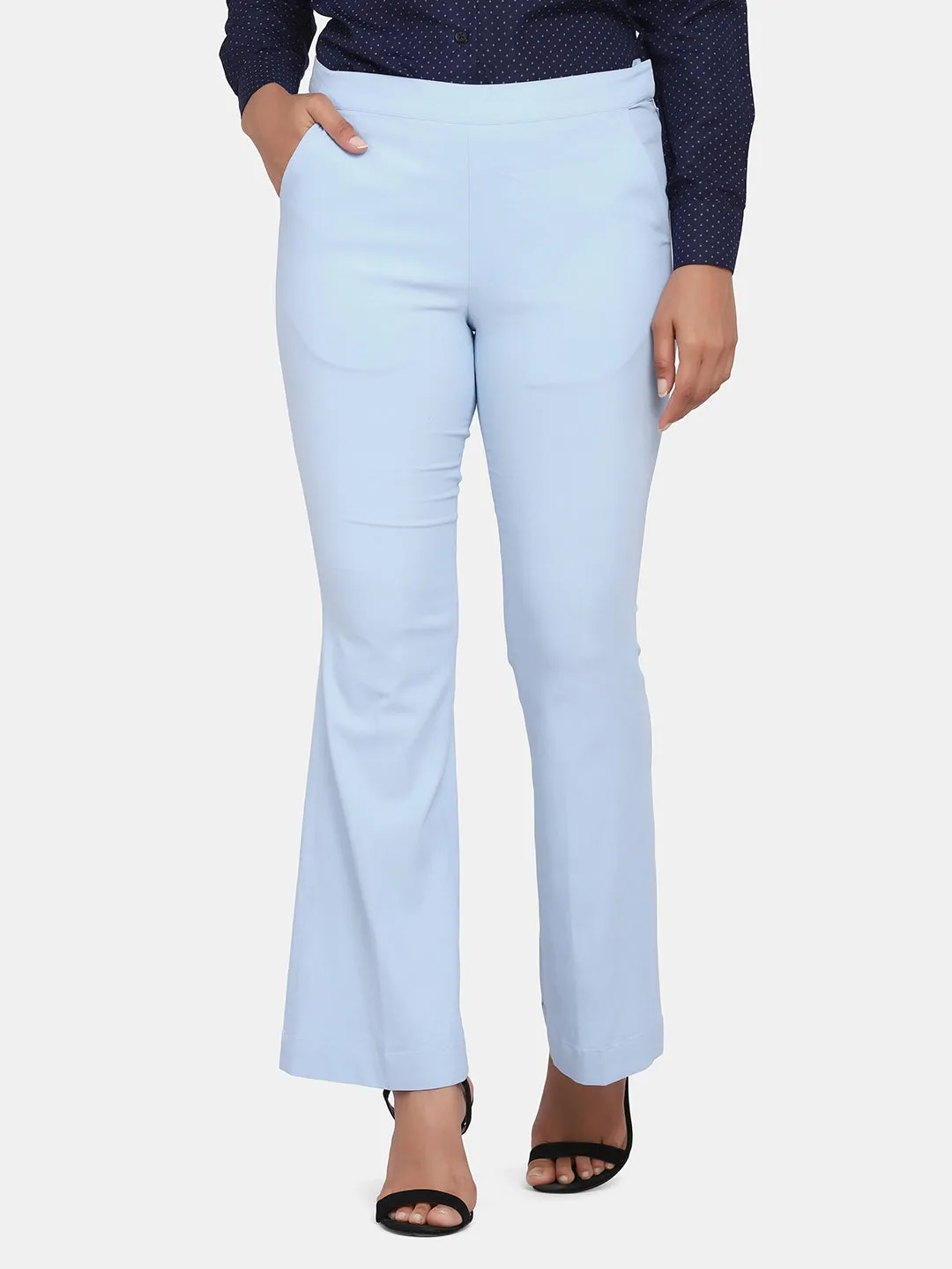 Sky Blue Bell Bottom Stretch Trousers For Women