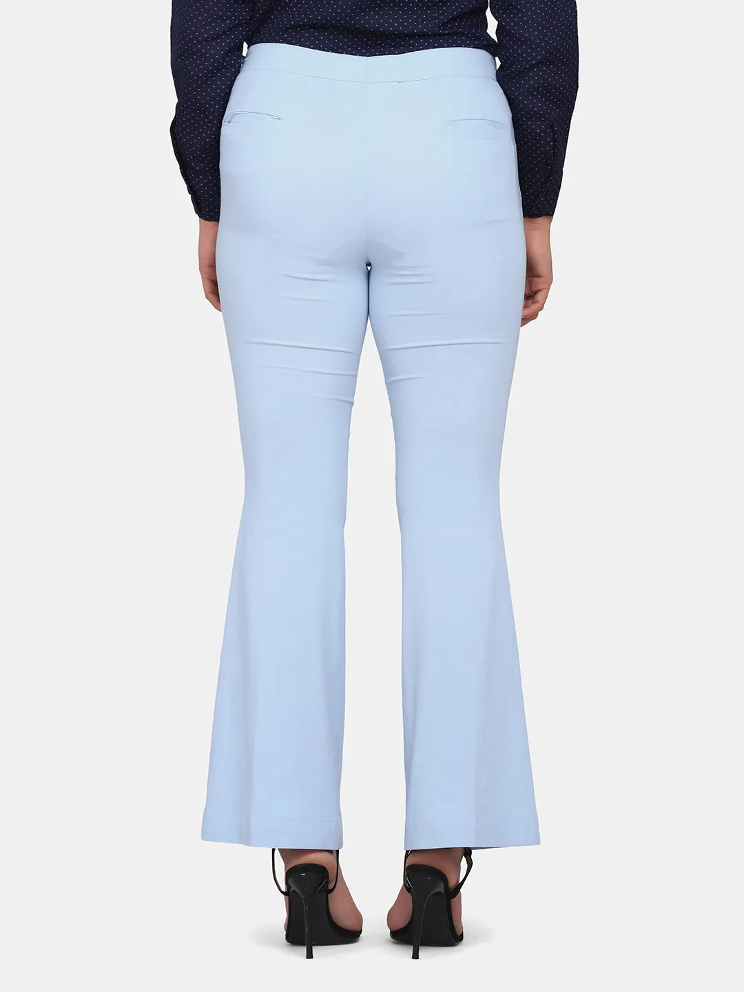 Sky Blue Bell Bottom Stretch Trousers For Women