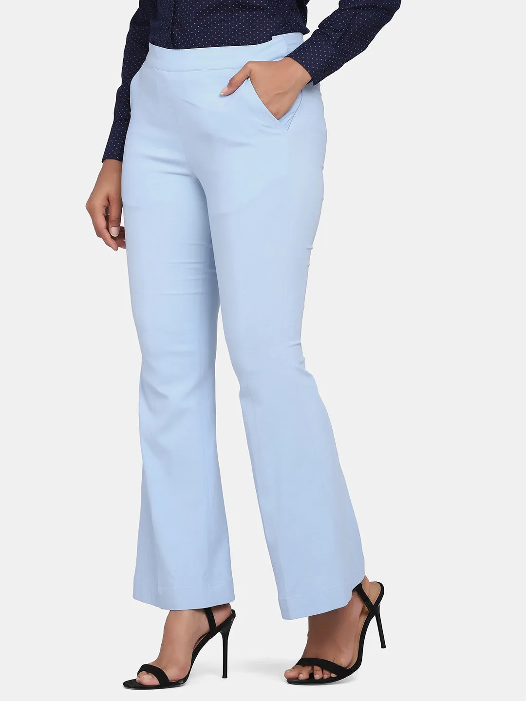 Sky Blue Bell Bottom Stretch Trousers For Women