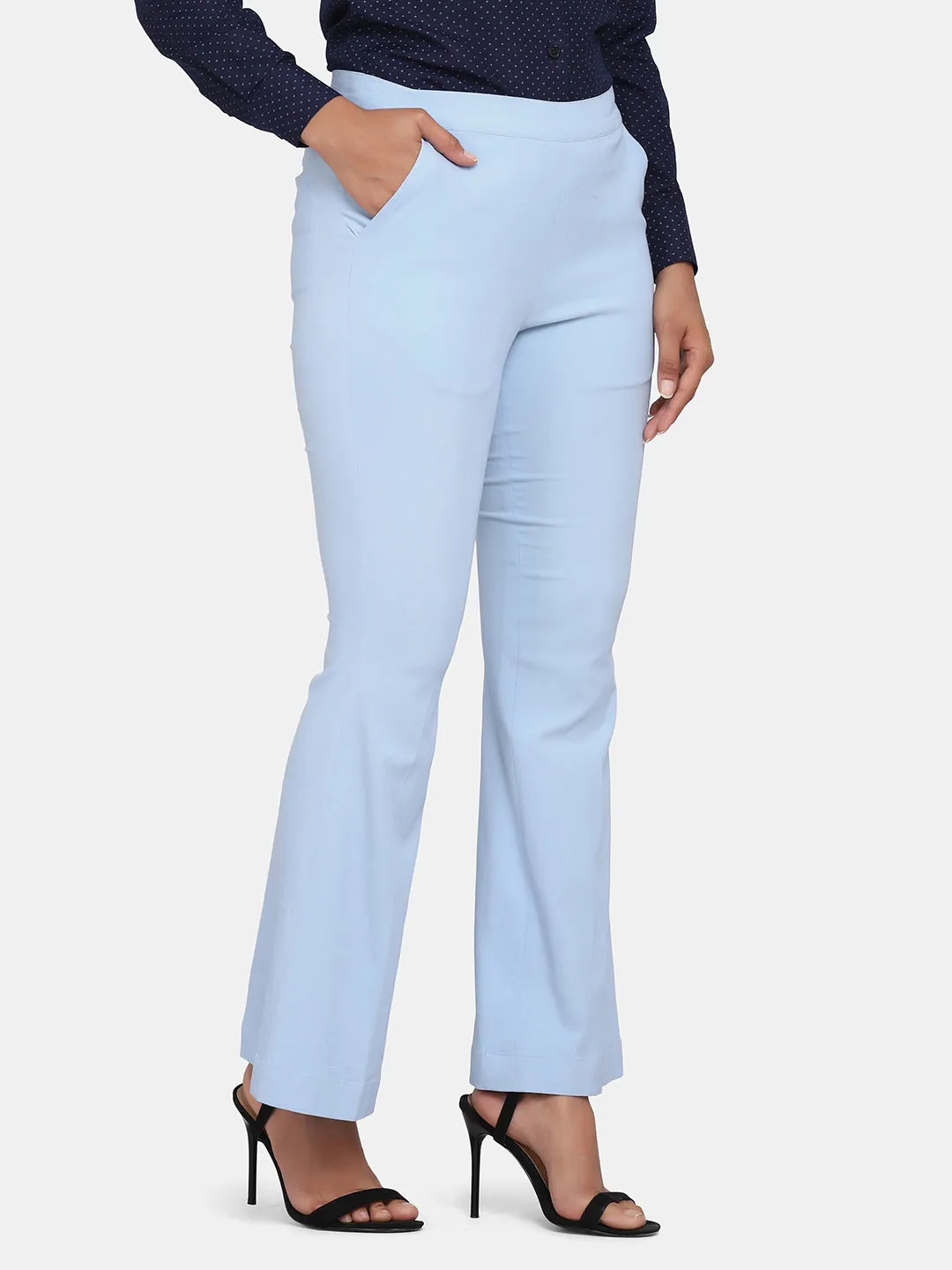 Sky Blue Bell Bottom Stretch Trousers For Women