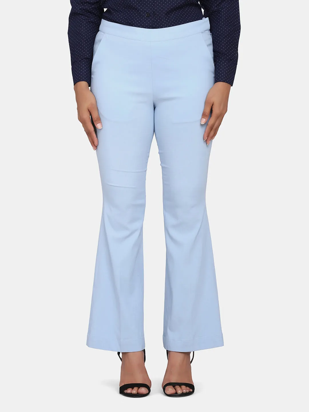 Sky Blue Bell Bottom Stretch Trousers For Women