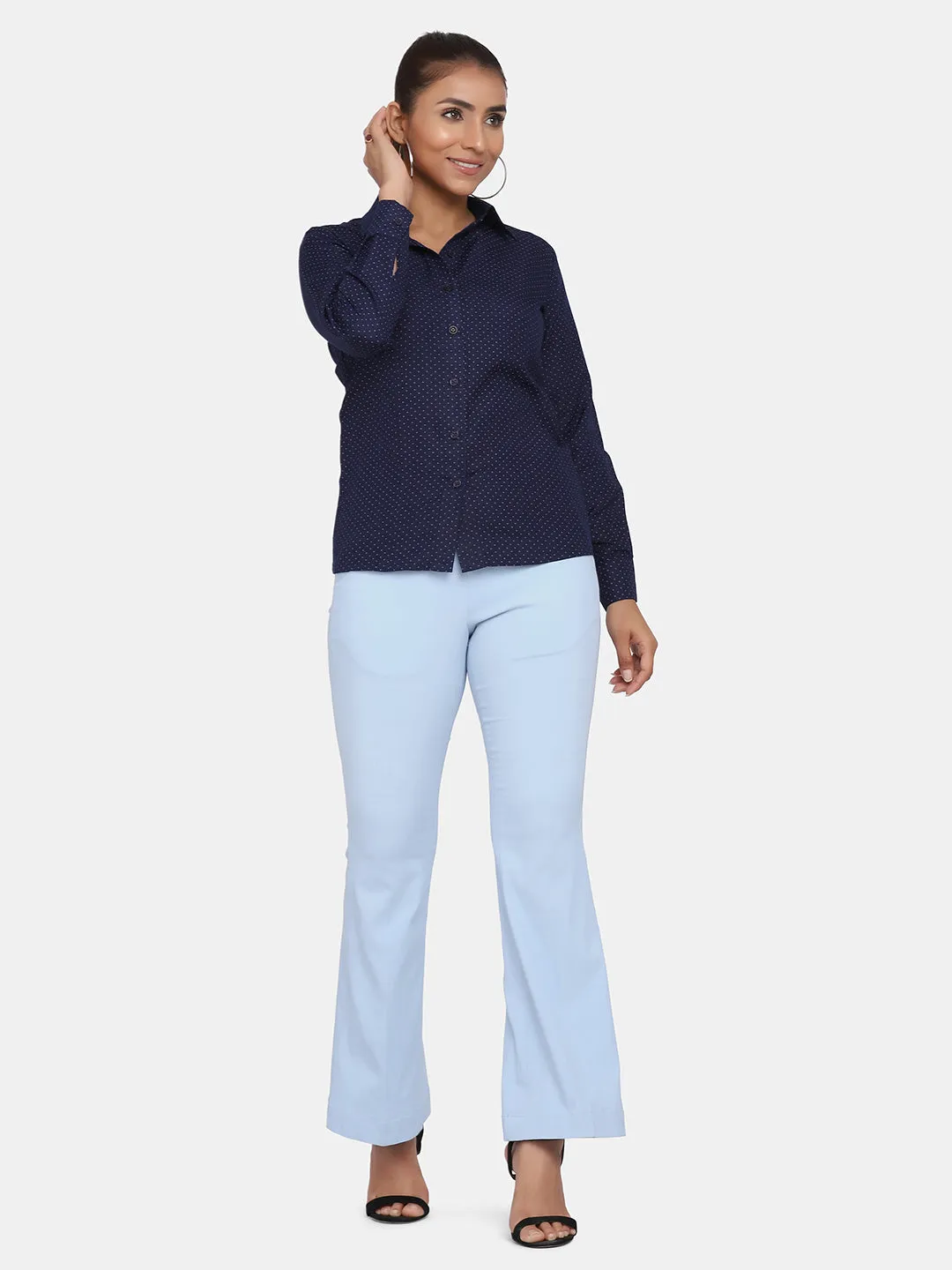 Sky Blue Bell Bottom Stretch Trousers For Women