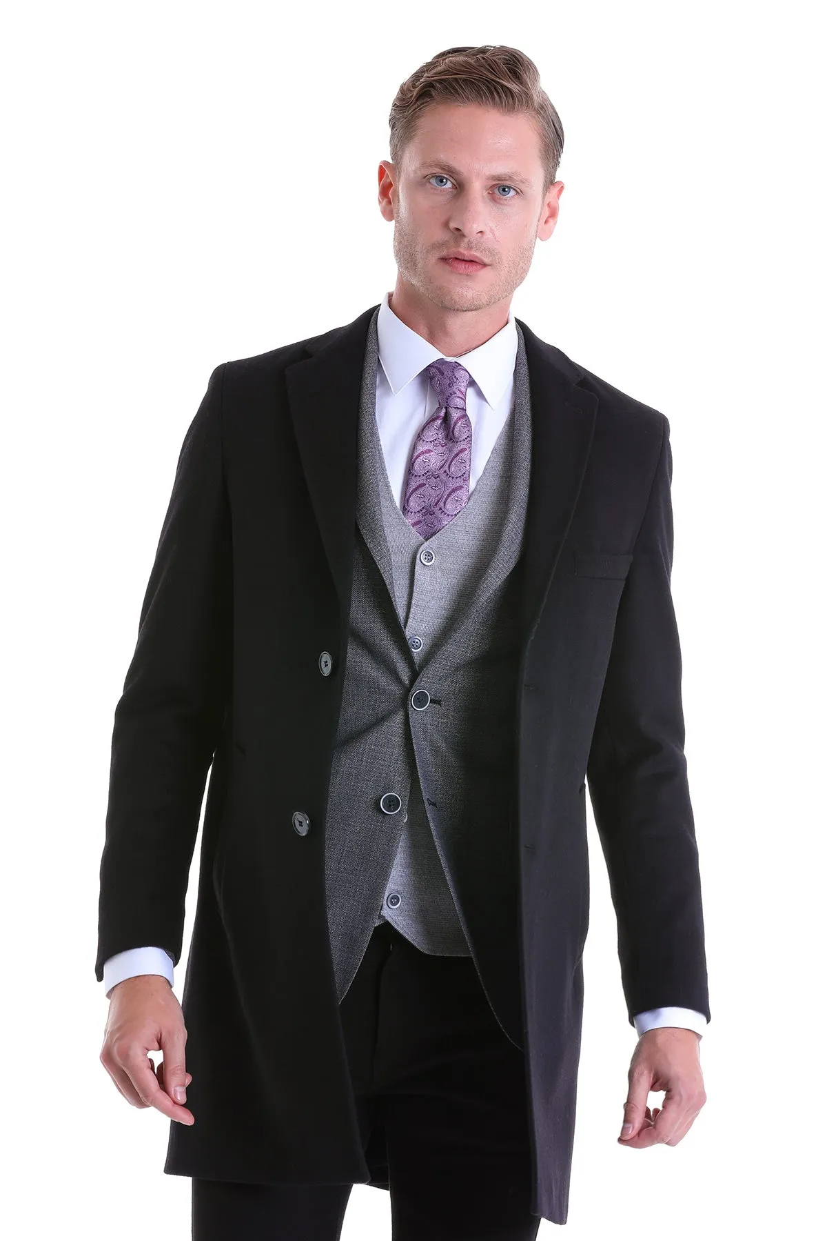 Slim Fit Notch Lapel Black Wool Blend Overcoat