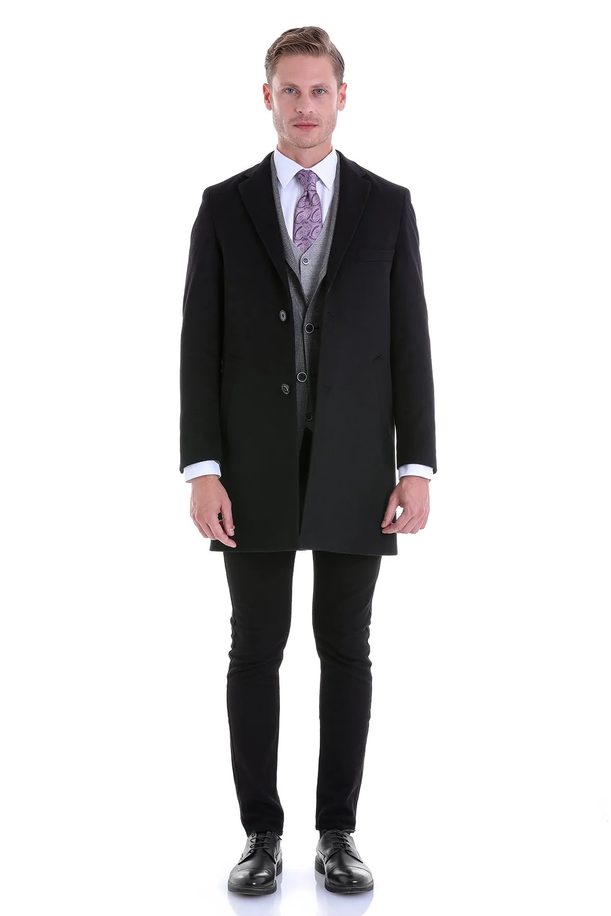 Slim Fit Notch Lapel Black Wool Blend Overcoat