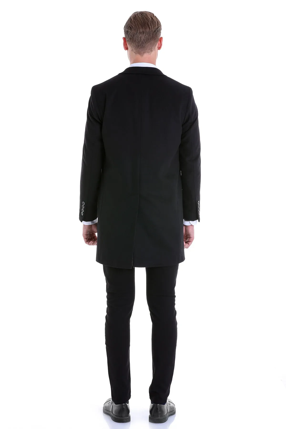 Slim Fit Notch Lapel Black Wool Blend Overcoat