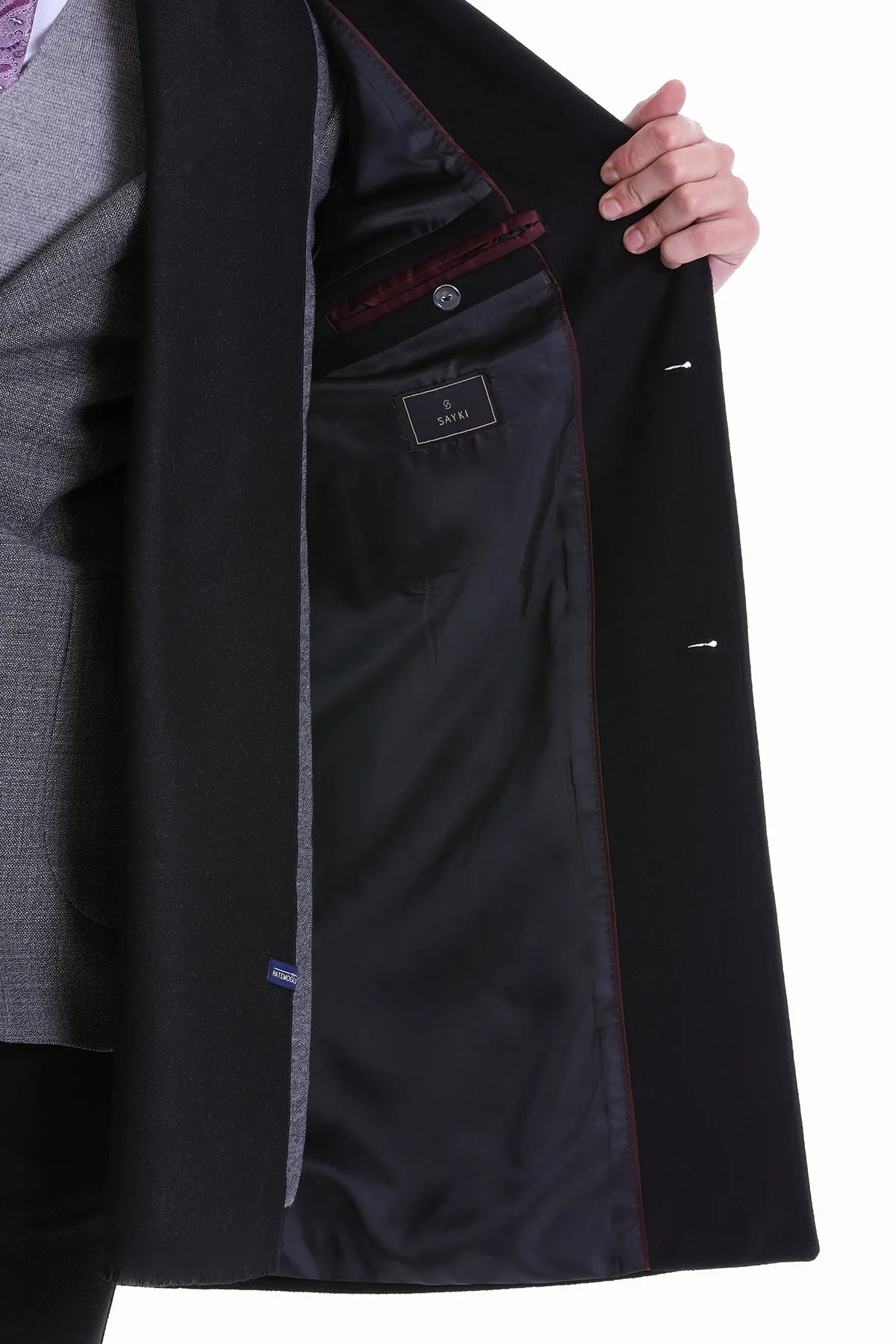 Slim Fit Notch Lapel Black Wool Blend Overcoat