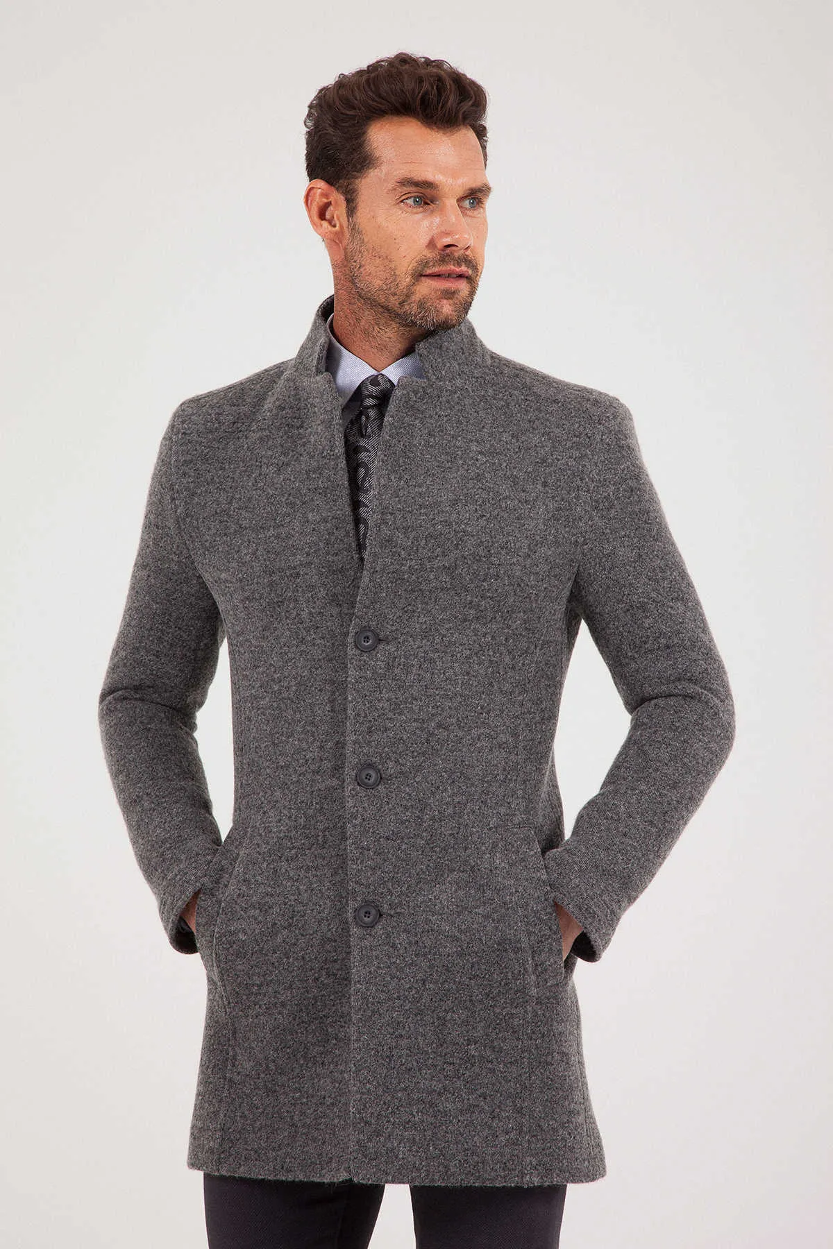 Slim Fit Notch Lapel Felt Wool Dark Gray Overcoat, Dark Gray