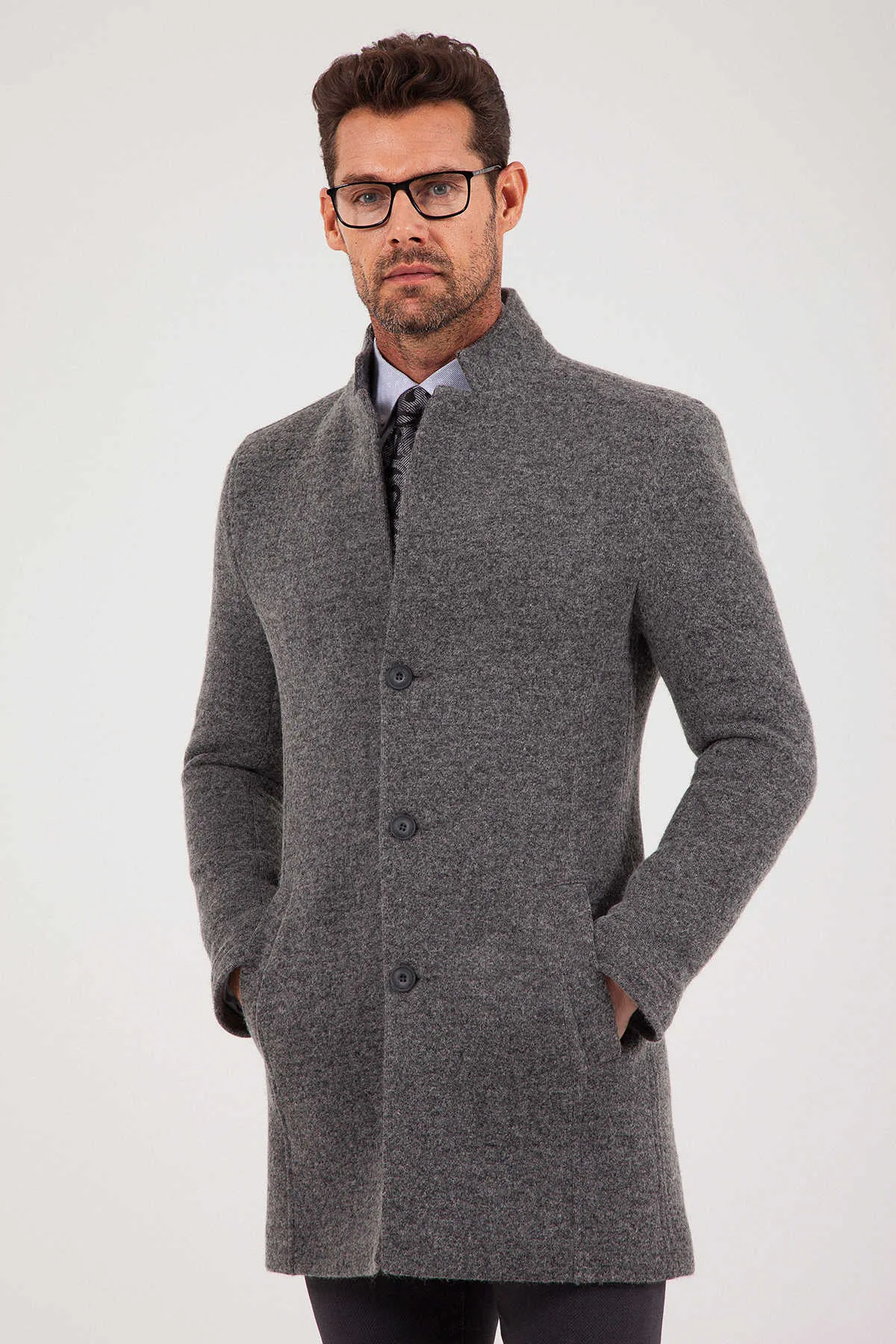 Slim Fit Notch Lapel Felt Wool Dark Gray Overcoat, Dark Gray