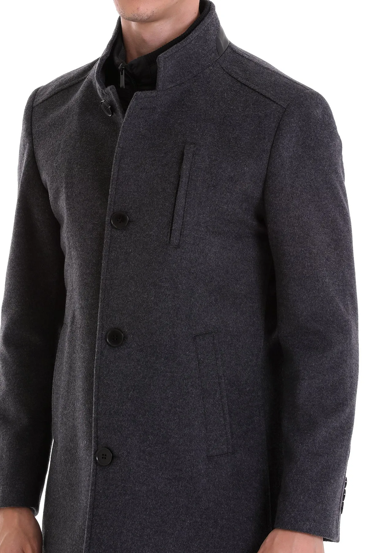 Slim Fit Stand Collar Wool Blend Dark Gray Overcoat