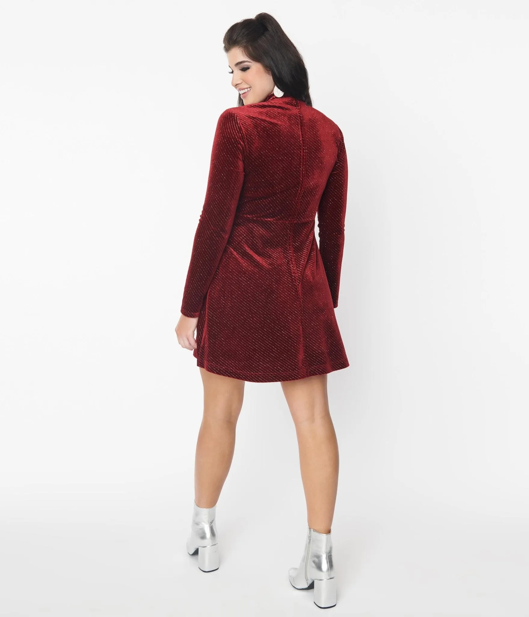 Smak Parlour Burgundy Sparkly Velvet Mock Turtleneck Fit & Flare Dress