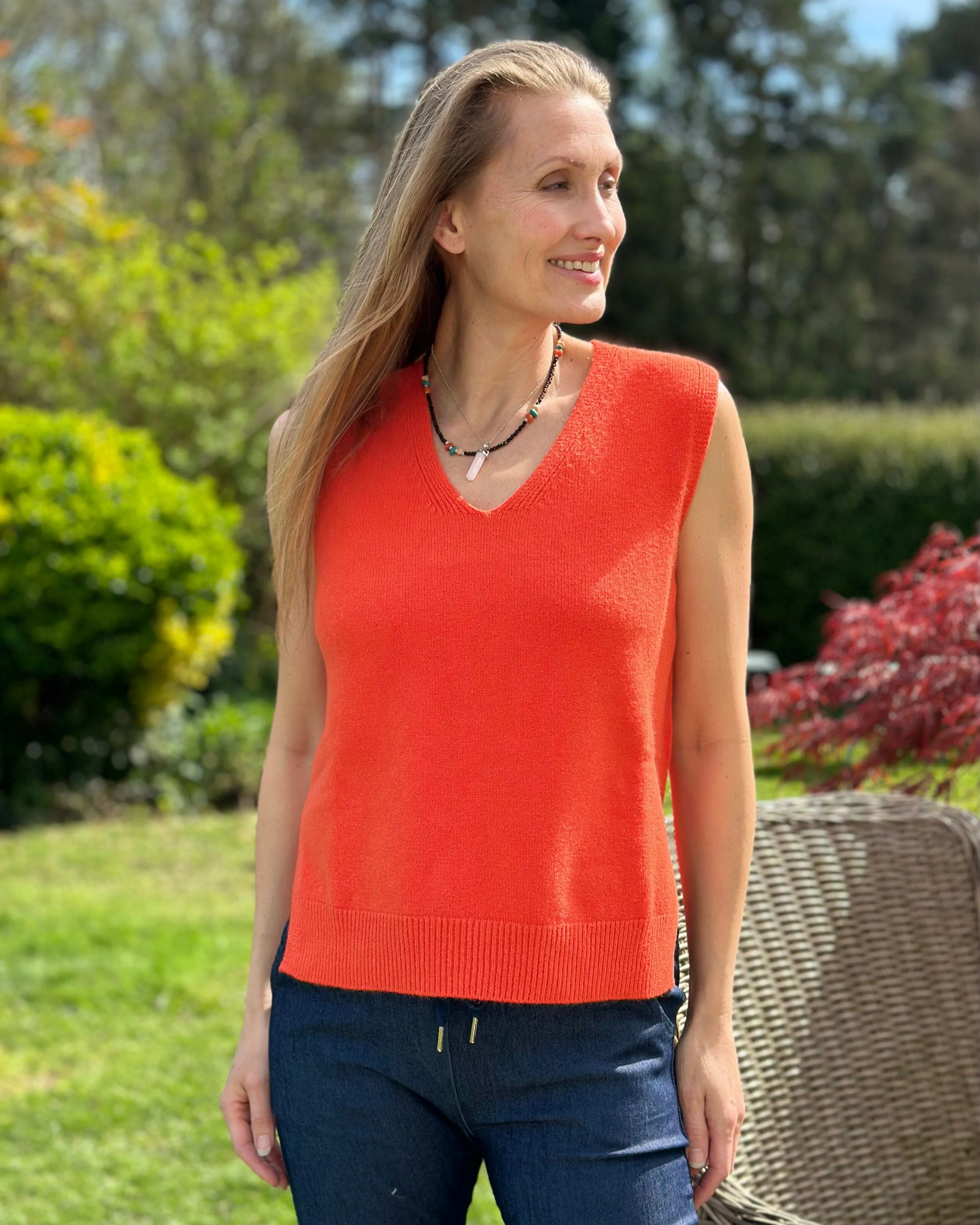 Soft Knit V-Neck Sleeveless Tank Top - Orange