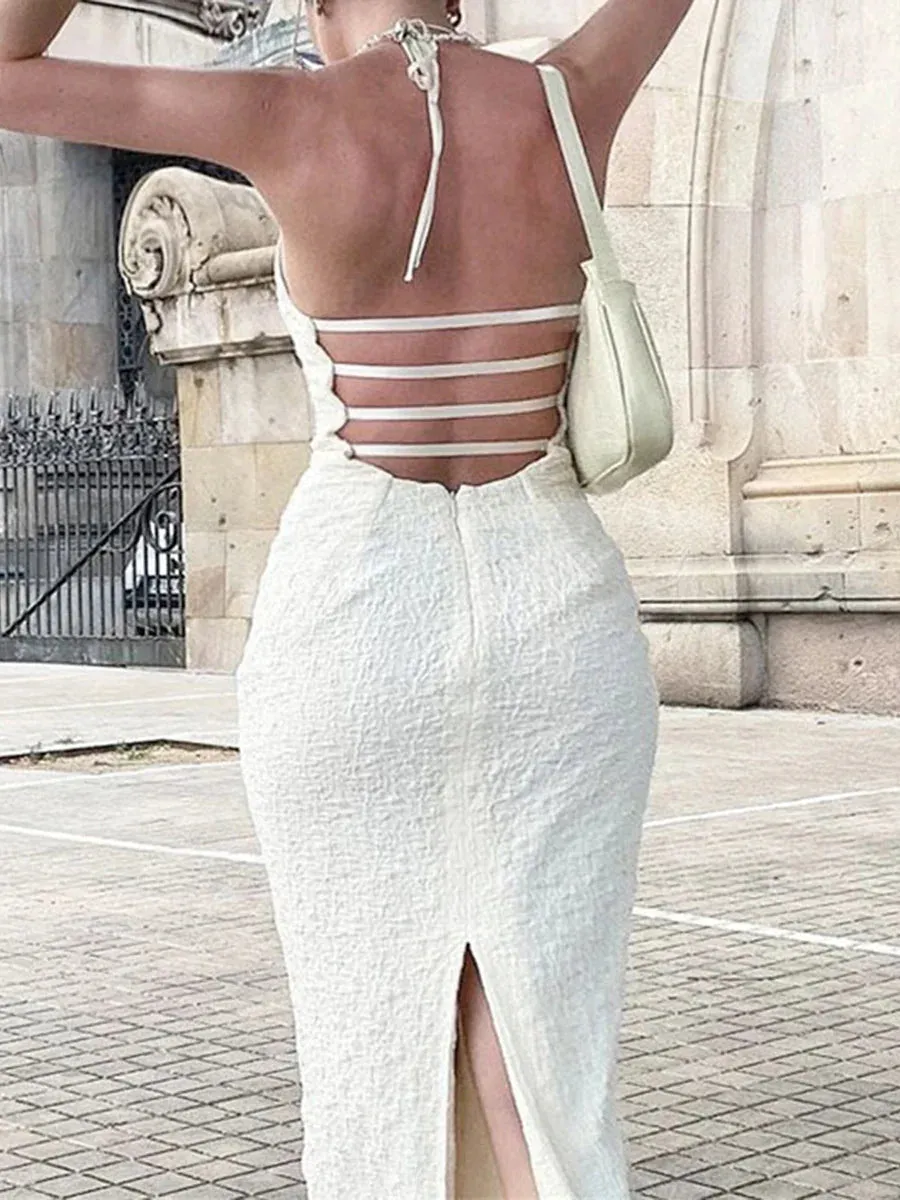 Solid Color Party Club Long Lacing Halterneck Sleeveless Backless Slit Slim Fit Bodycon Casual Summer Dress