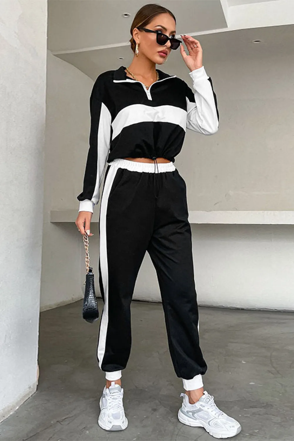 Striped Half Zip Cropped Sweatshirt and Joggers Set