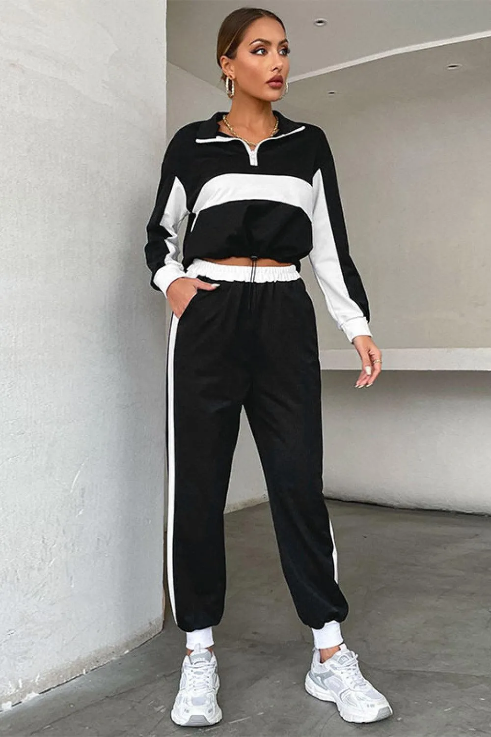 Striped Half Zip Cropped Sweatshirt and Joggers Set