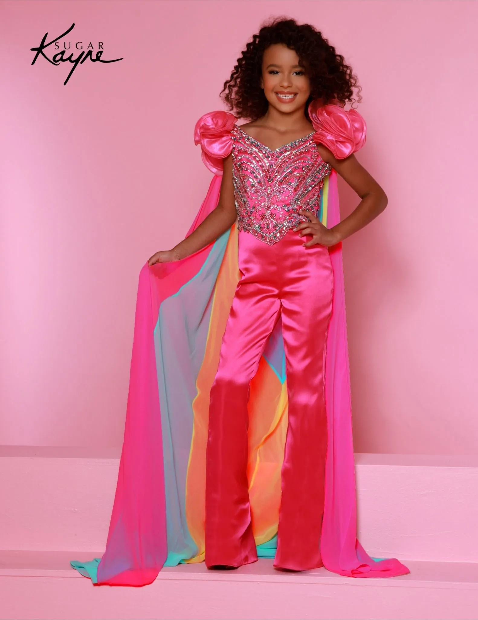 Sugar Kayne C335 Girls Two Piece Fun Fashion Jumpsuit Beaded Bodice Detachable Cape Pageant