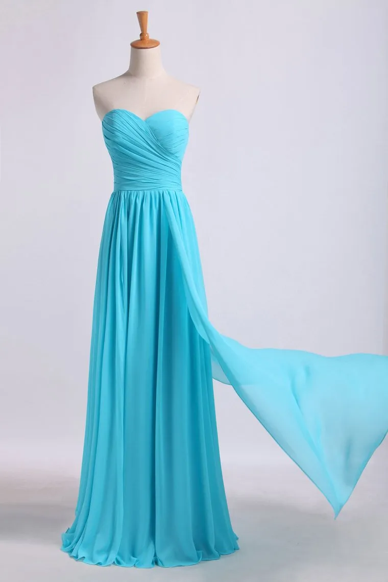 Sweetheart Pleated&Fitted Bodice A Line Dress Full Length With Layered Chiffon Skirt