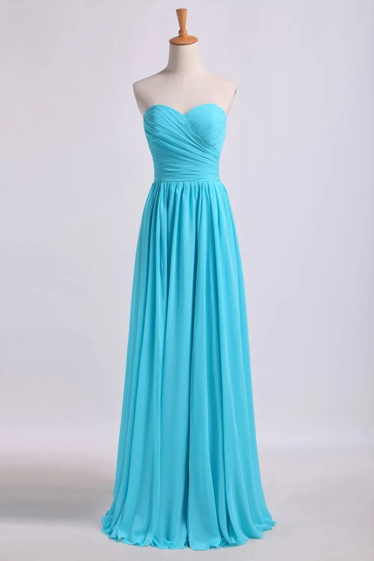 Sweetheart Pleated&Fitted Bodice A Line Dress Full Length With Layered Chiffon Skirt