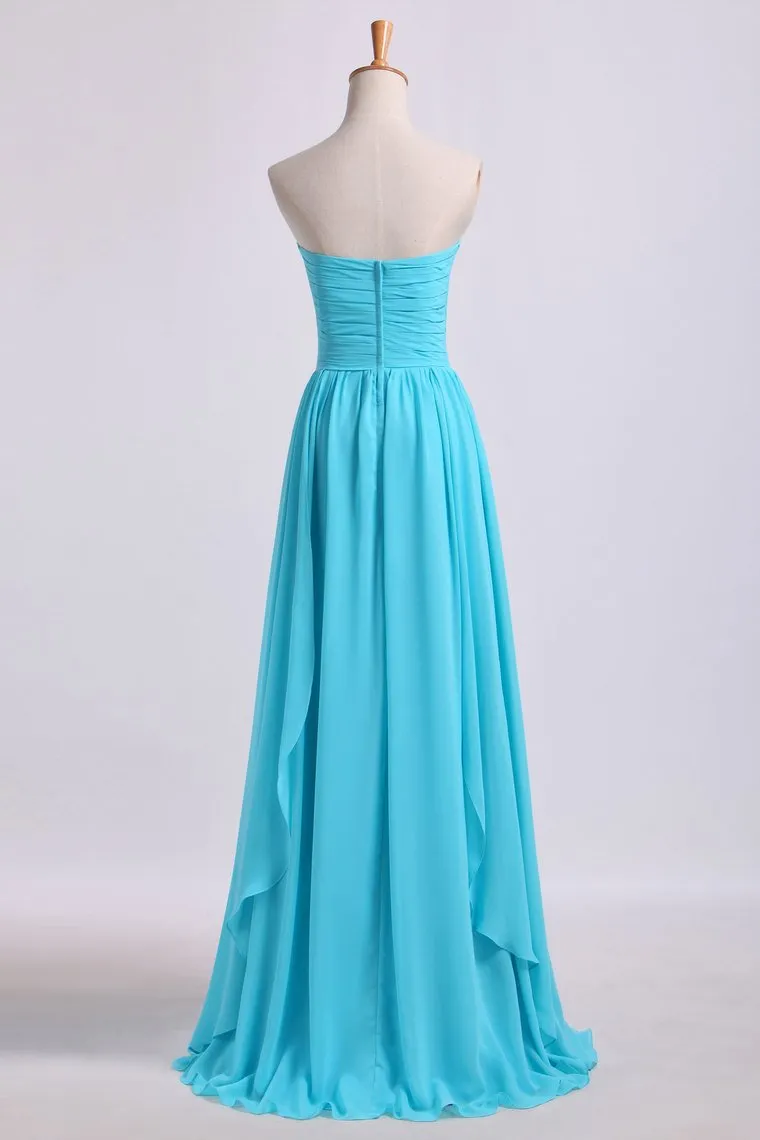 Sweetheart Pleated&Fitted Bodice A Line Dress Full Length With Layered Chiffon Skirt