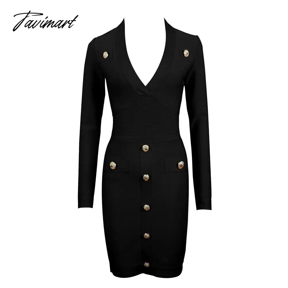 Tavimart New Buttons Bandages Dress Women Bodycon Autumn Winter Clothes Sexy Club Party Evening Dress