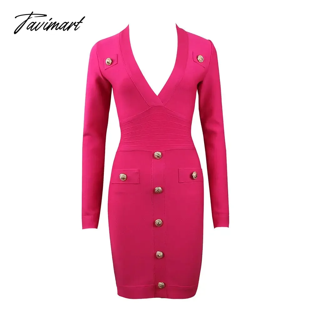 Tavimart New Buttons Bandages Dress Women Bodycon Autumn Winter Clothes Sexy Club Party Evening Dress