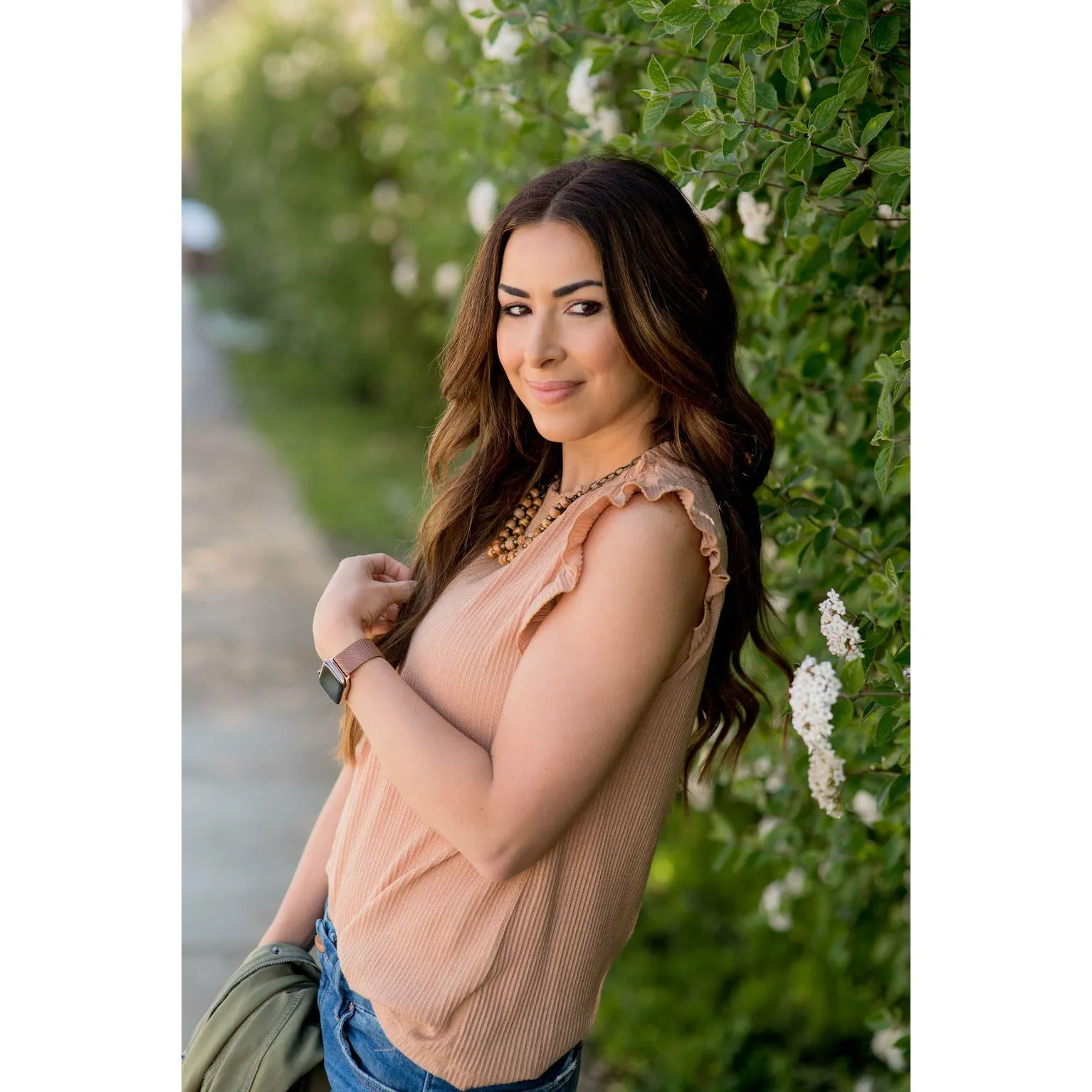 Textured Ruffle Cinched Neck Tank