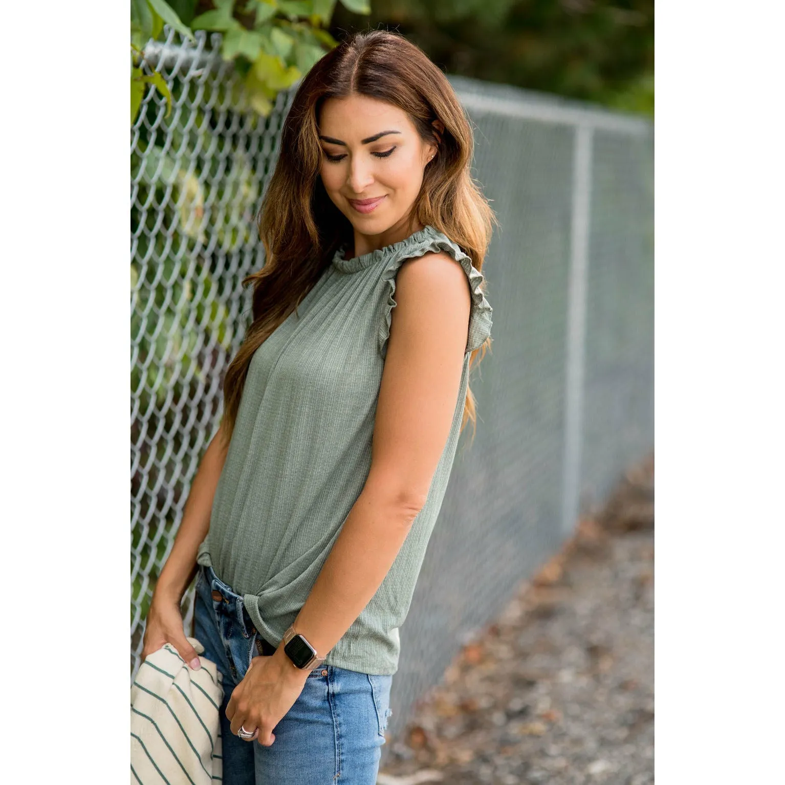 Textured Ruffle Cinched Neck Tank