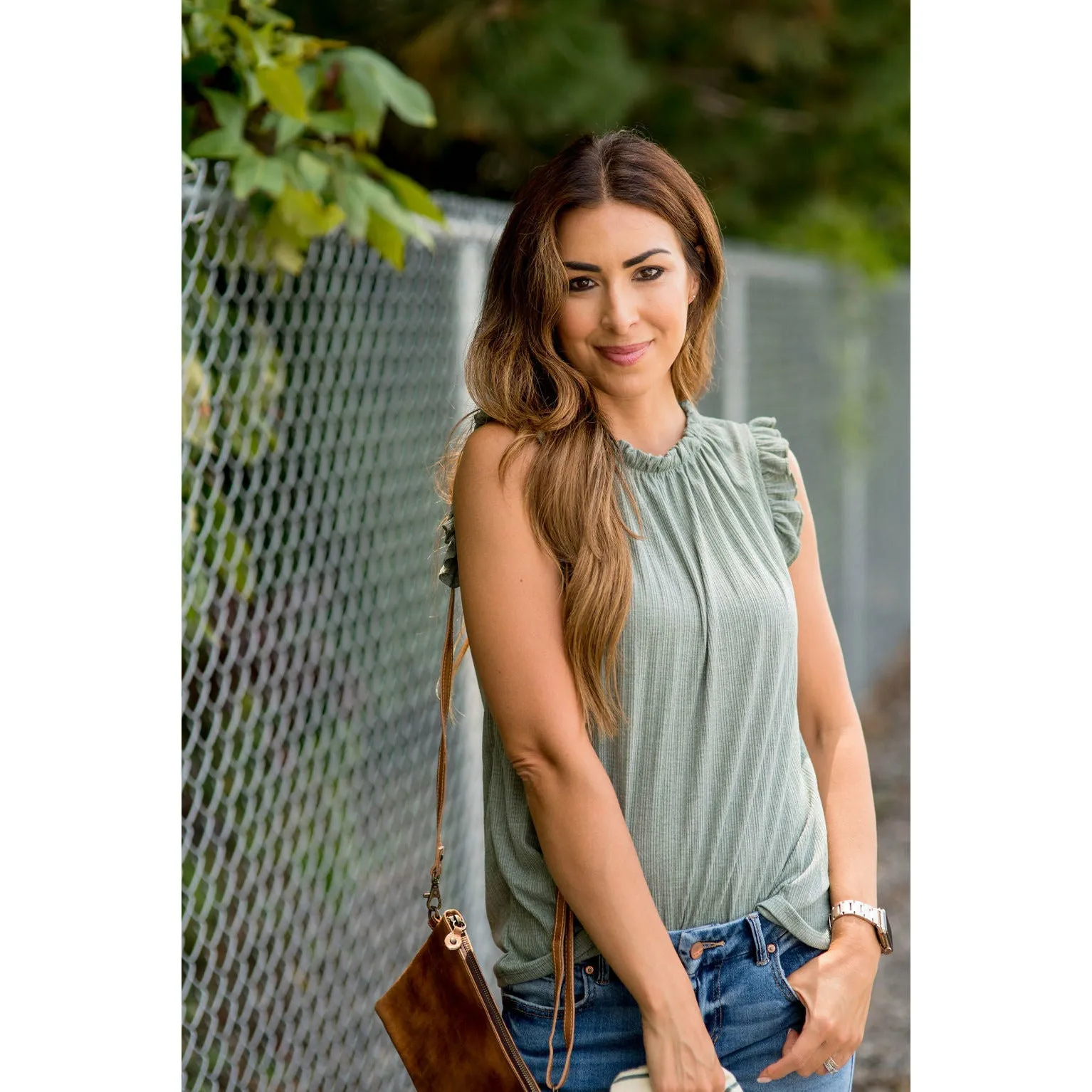 Textured Ruffle Cinched Neck Tank